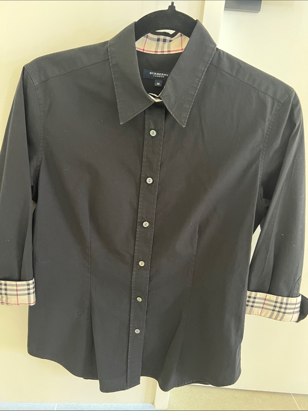 Burberry Black Button-Down Shirt with Check Trim